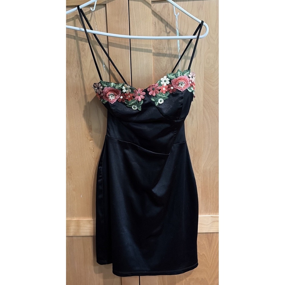 Black Satin Floral Applique Mini Slip Embroidered Bustier Sz Med -Y2K, Coquette